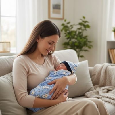 Couverture emmaillotage bleue sur bébé endormi avec maman au salon