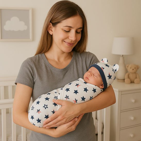 Couverture emmaillotage étoile avec maman tenant le nouveau-né 