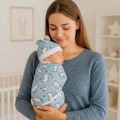 Couverture emmaillotage lapin blanc avec femme tenant tendrement son nouveau-né
