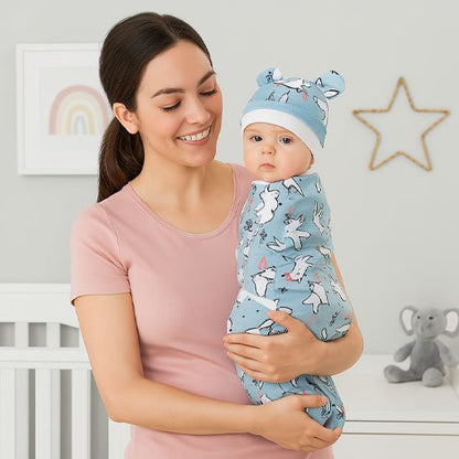 Couverture emmaillotage lapin blanc avec mère souriante portant l'enfant éveillé