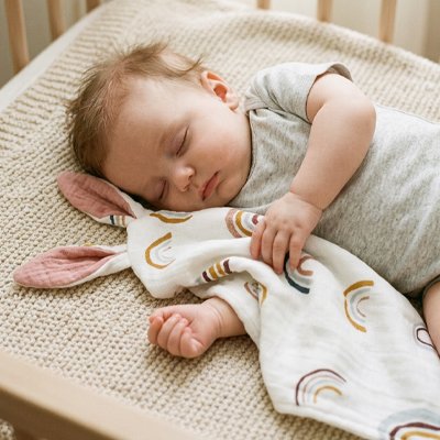 Doudou à motifs arc-en-ciel contre un bébé qui dort