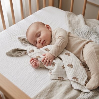 Doudou à motifs d'arcs-en-ciel marrons avec un nourrisson qui dort.