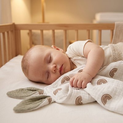 Doudou à motifs d'arcs-en-ciel marrons près d'un bébé endormi.