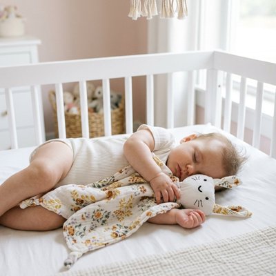 Doudou bébé à motif fleur accompagnant la sieste d'un nouveau-né
