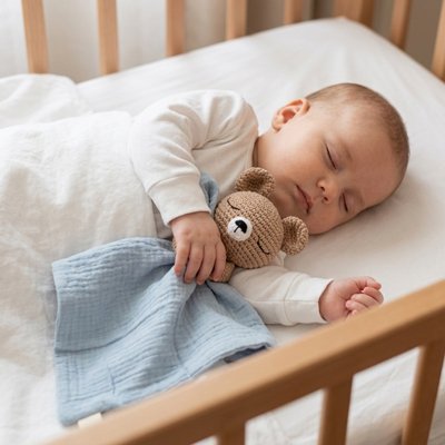 Doudou bebe bleu bébé dort dans berceau