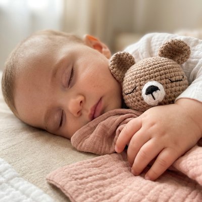 Doudou bébé brique en coton auprès d'un enfant assoupi