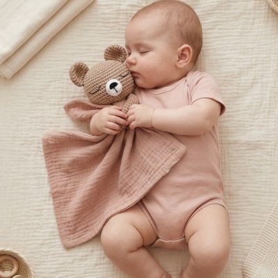 Doudou bébé brique en mousseline contre un tout-petit endormi
