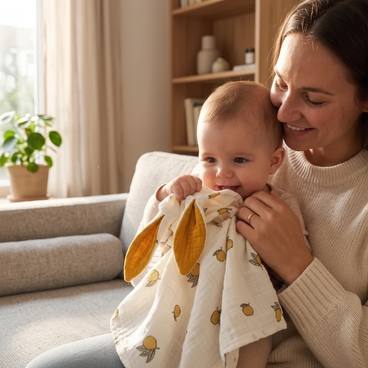 Doudou bébé citron oreilles jaunes bébé sourit maman canapé lumineux