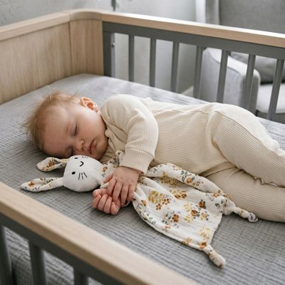Doudou bébé fleur serré par un enfant endormi sur le ventre
