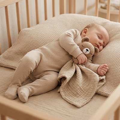 Doudou bébé kaki dans les bras d'un nourrisson assoupi