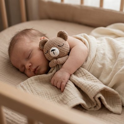 Doudou bébé kaki en gaze accompagnant un bambin endormi