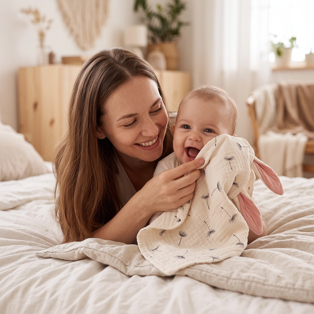 Doudou bébé lapin mousseline pissenlit maman lit blanc