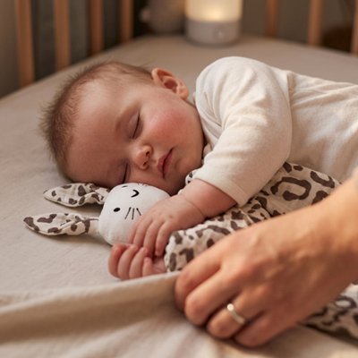 Doudou bébé léopard serré contre un enfant qui dort 