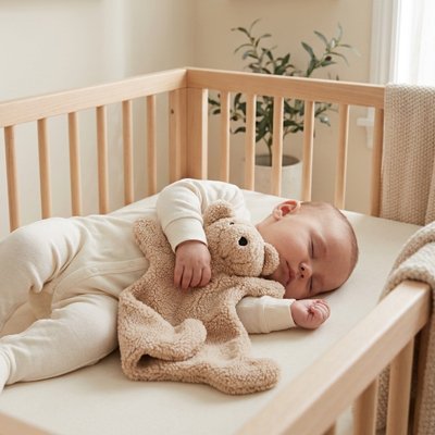 Doudou beige en peluche ours serré par un enfant couché au lit