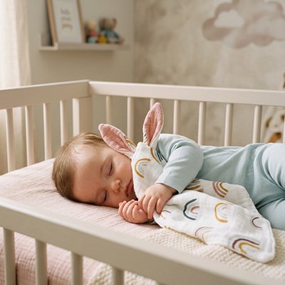 Doudou blanc à motifs d'arcs-en-ciel colorés tenu par un bébé