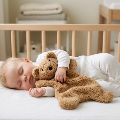 Doudou brun contre un bébé qui dort profondément sur le ventre