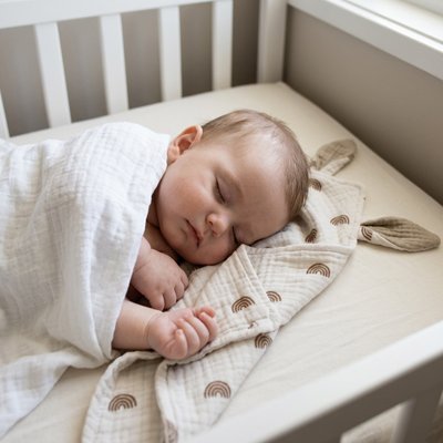 Doudou en gaze de coton beige sous la tête d'un bébé couché 