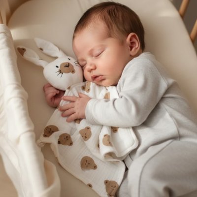 Doudou lapin à motifs oursons tenu par un nourrisson endormi