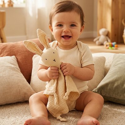 Doudou lapin beige en gaze de coton tenu par un bébé souriant.