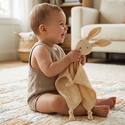 Doudou lapin beige en mousseline tenu par un bébé assis de profil.