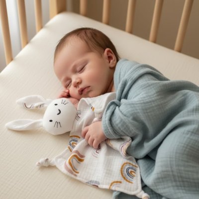 Doudou lapin blanc à motifs d'arcs-en-ciel blotti contre un bébé.