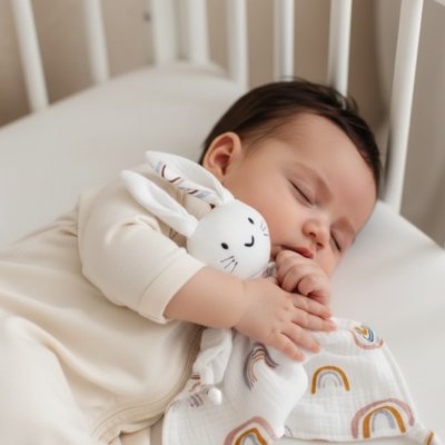 Doudou lapin blanc à motifs d'arcs-en-ciel serré par un nourrisson.