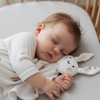 Doudou lapin blanc à motifs d'arcs-en-ciel sous la tête d'un bébé.