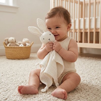 Doudou lapin blanc en gaze de coton serré par un bébé joyeux.