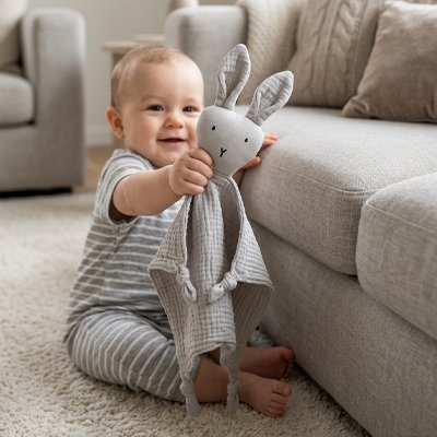 Doudou lapin gris à motifs tendu en avant par un bébé assis.
