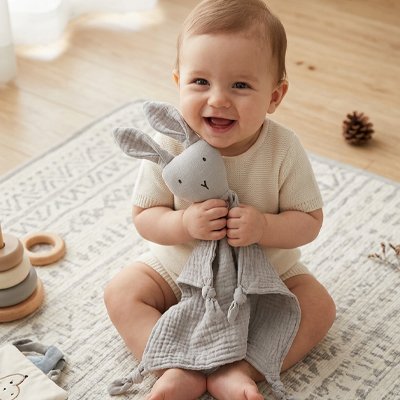 Doudou lapin gris en mousseline tenu par un bébé riant au sol.