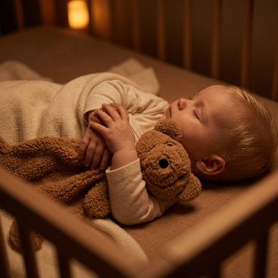 Doudou marron en peluche serré contre un nourrisson endormi paisiblement