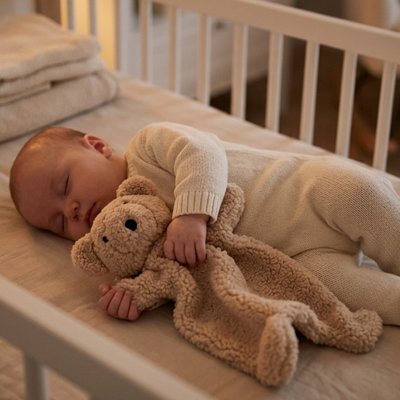 Doudou marron en peluche tenu par un bébé endormi dans son lit