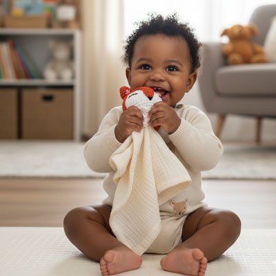 Doudou renard crème porté à la bouche par un bébé