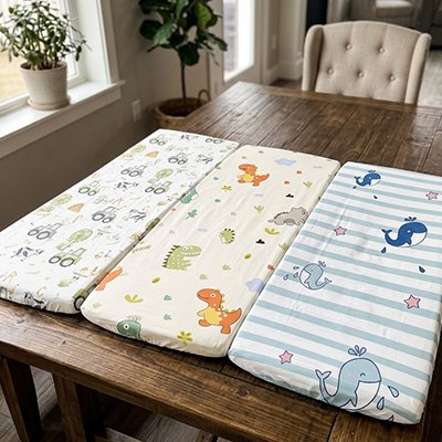 Drap housse lit bébé baleine dinasaure et tracteur sur table