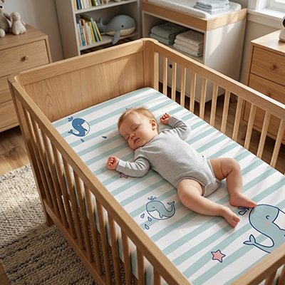 Drap housse lit bébé baleine enfant se repose dans lit