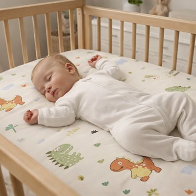 Drap housse lit bébé dinosaure enfant couché dans berceau 