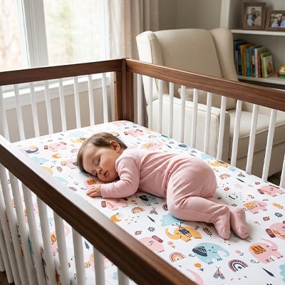 Drap housse lit bebe éléphant avec enfant qui dort