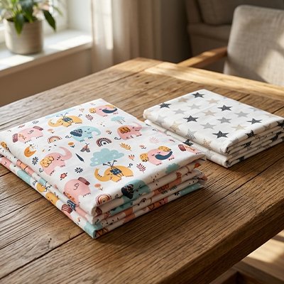 Drap housse lit bebe éléphant et étoile posé sur table