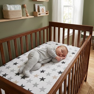 Drap housse lit bebe étoile avec enfant qui dort