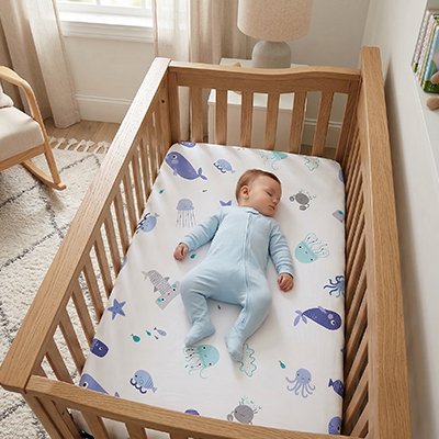 Drap housse lit bébé modèle deux avec motifs marins bleus