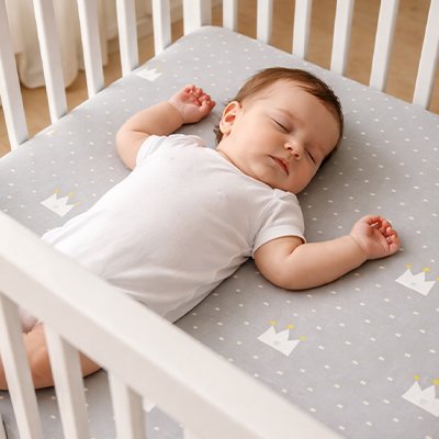 Drap housse lit bébé modèle trois sur nourrisson endormi
