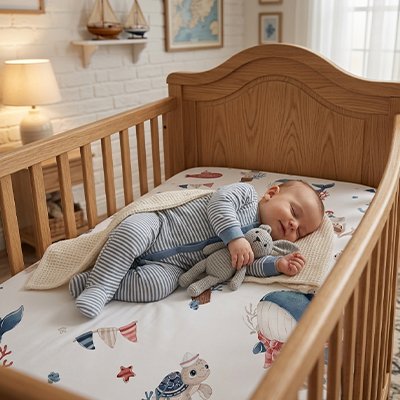 Drap housse lit bébé motifs baleines sous bambin allongé paisiblement