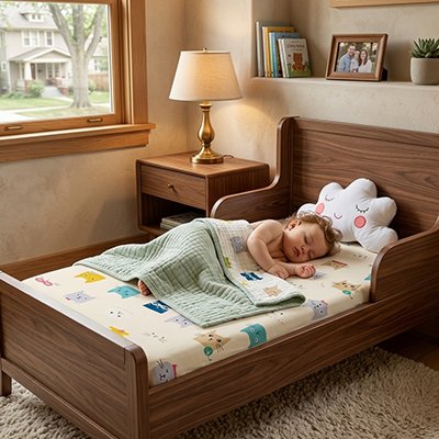 Drap housse lit bébé motifs chats sous enfant qui dort
