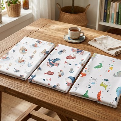 Drap housse lit bébé motifs dinosaure, ourson et baleine pliés.