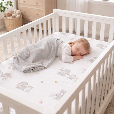 Drap housse lit bébé motifs éléphants sous nourrisson endormi