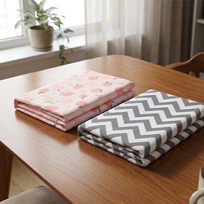 Drap housse lit bebe pêche et strié bleu plié sur table