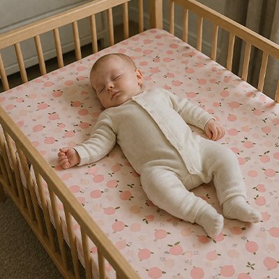 Drap housse lit bebe pêche sous un nourrisson couché