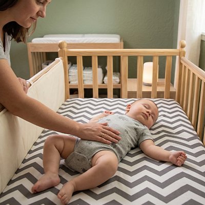 Drap housse lit bebe strié bleu avec nourrisson endormi