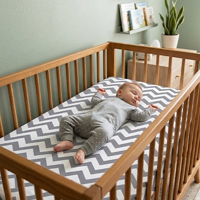 Drap housse lit bebe strié bleu sous bébé endormi en pyjama