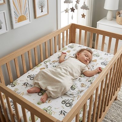 Drap housse lit bébé tracteur enfant fait une sieste